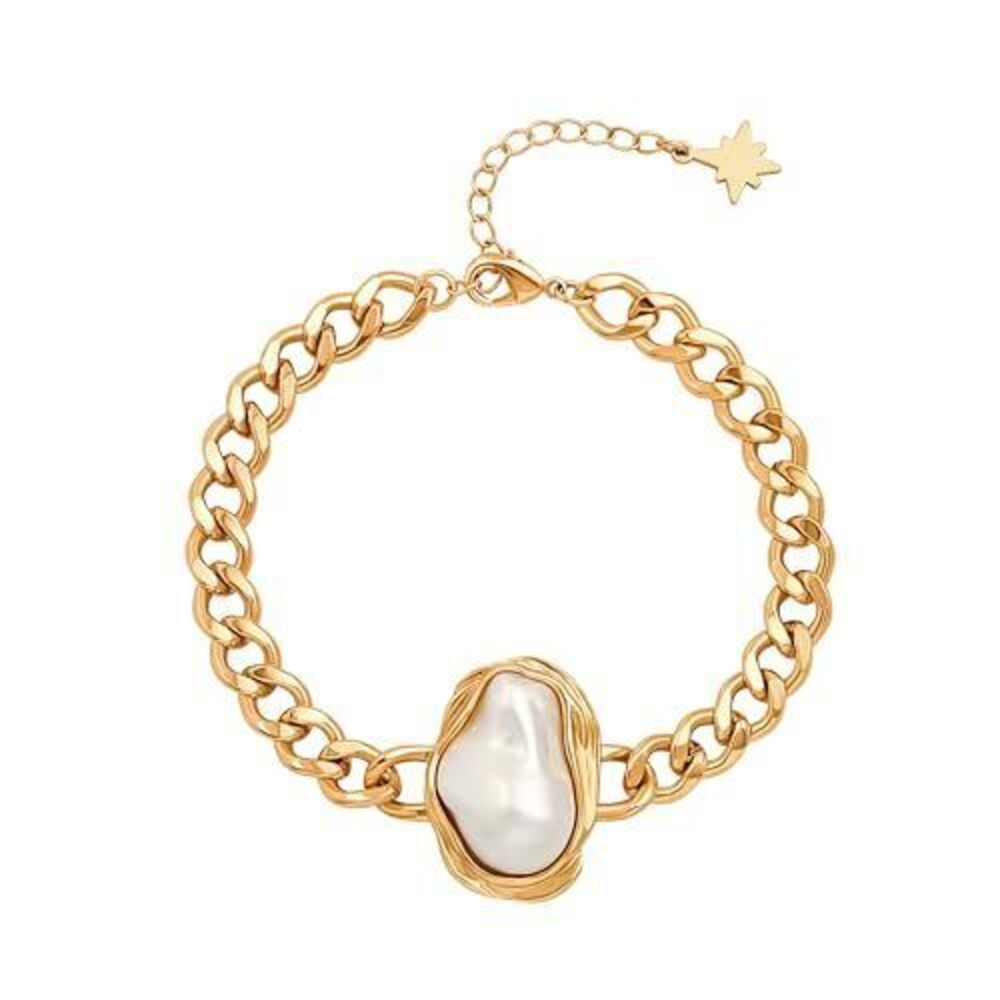 8067 Dainty 18K Gold Pearl Cuban Chain Link Bracelet Personalized